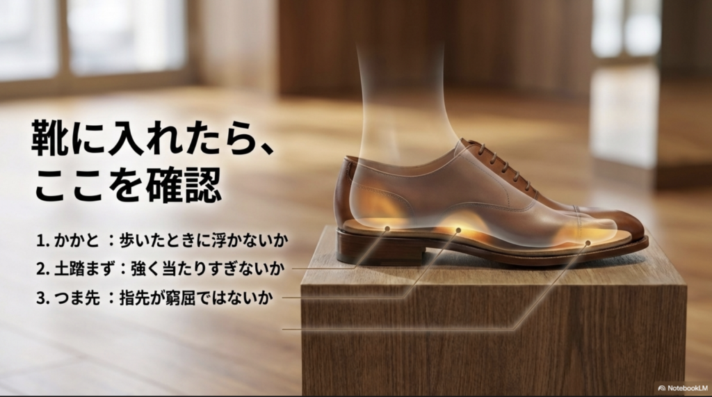 かかと、土踏まず、つま先の3箇所でフィット感を確認する方法