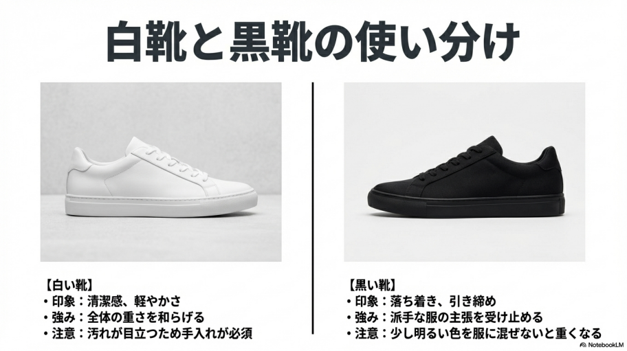 清潔感のある白靴と、引き締め効果のある黒靴、それぞれの印象と使い分けのポイント。