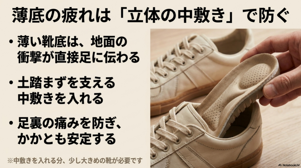 薄底の疲れを防ぐために、土踏まずを支える立体の中敷きを入れることで足裏の痛みを防ぎかかとを安定させる効果と、少し大きめの靴が必要になる注意点を説明した、インソールを挿入するイラスト付きスライド画像。