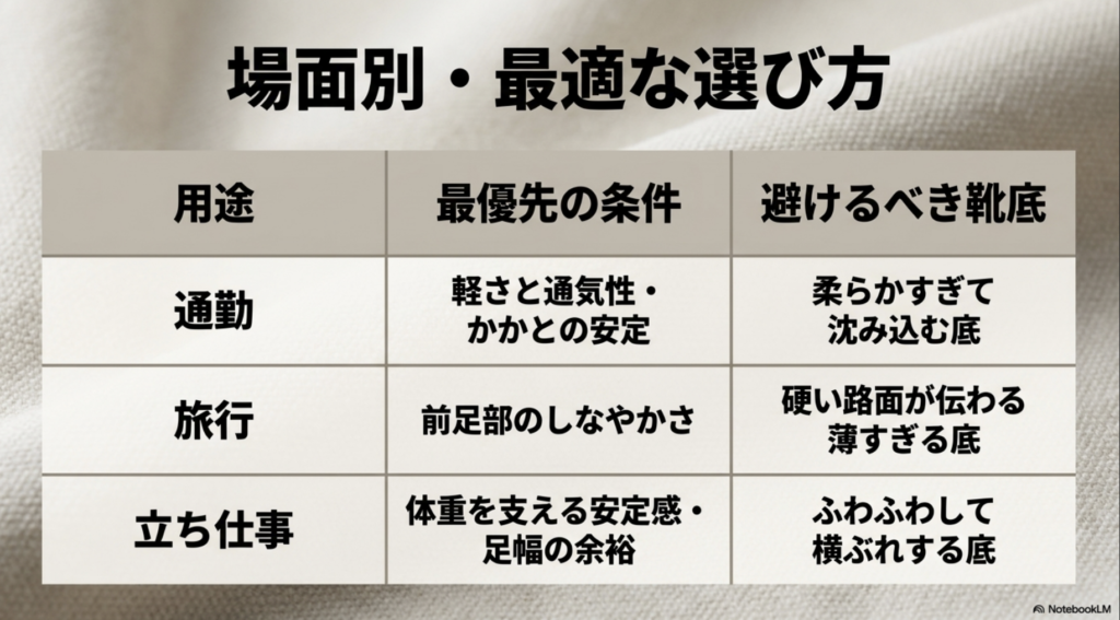 通勤・旅行・立ち仕事の場面別に、最優先すべき条件と避けるべき靴底をまとめた比較表。
