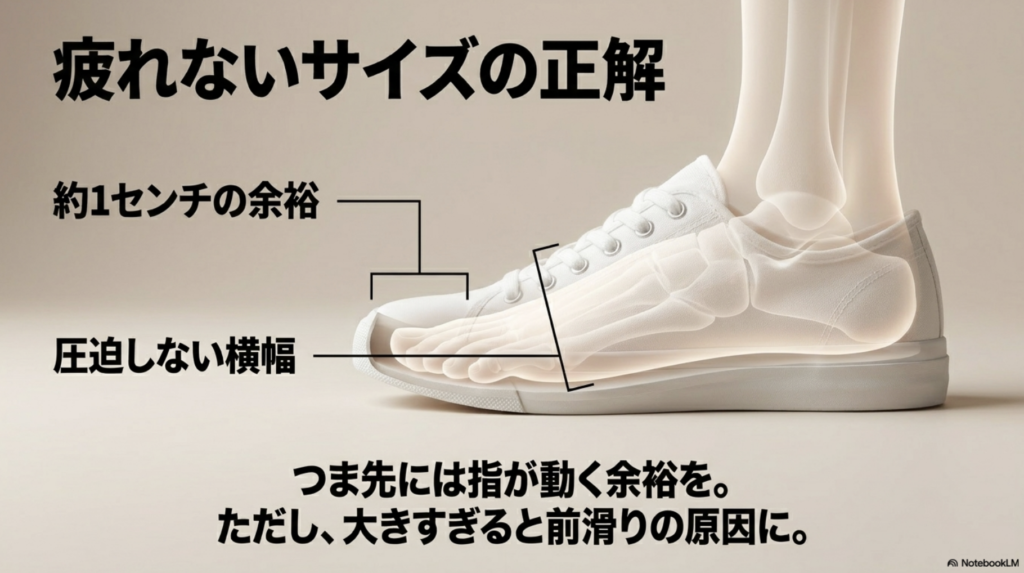 疲れないサイズの正解として、つま先に約1cmの余裕と圧迫しない横幅が重要であることを示す図。