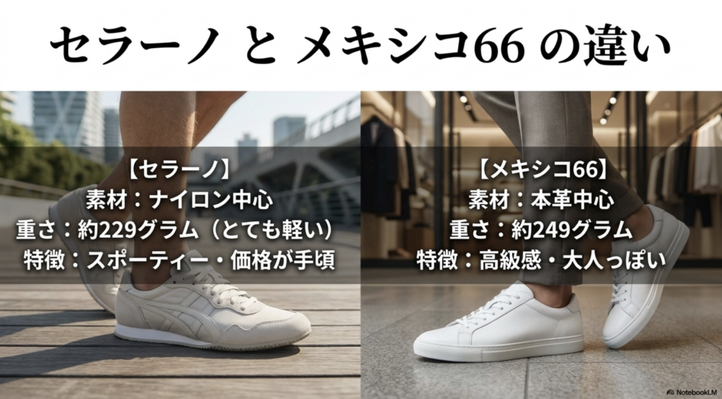 オニツカタイガーの看板モデルであるメキシコ66とセラーノの機能、素材、重さ、価格の違い