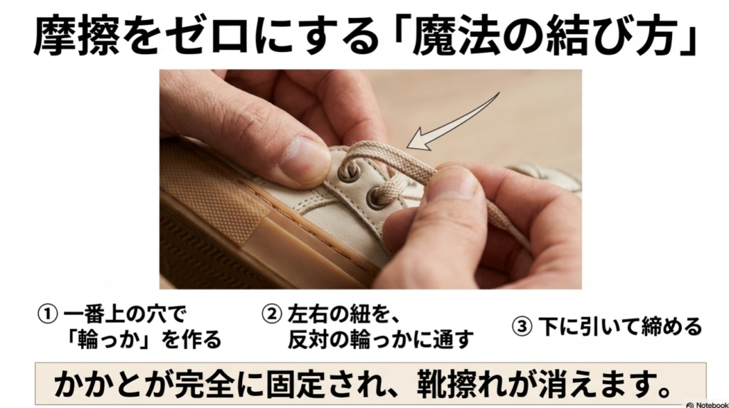 摩擦をゼロにする魔法の結び方として、一番上の穴で輪っかを作り、左右の紐を反対の輪っかに通して下に引いて締めることで、かかとを固定して靴擦れを防ぐ手順の図解スライド画像。