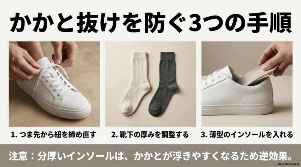かかと抜けを防ぐ3つの手順（紐の締め直し、靴下の厚み調整、薄型インソール）を示す写真付きガイド。