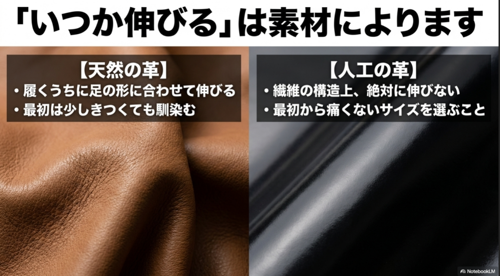 履くうちに足に馴染んで伸びる「天然の革」と、繊維の構造上絶対に伸びないため最初から痛くないサイズを選ぶ必要がある「人工の革」の特性の違いを比較したスライド画像。
