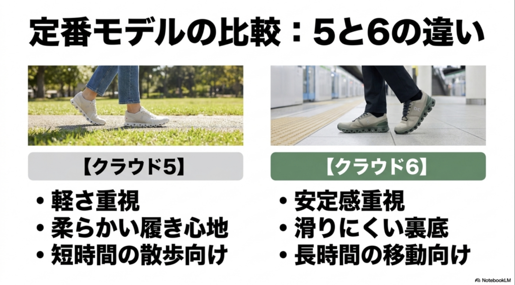 クラウド5(軽さ重視)とクラウド6(安定感・長時間移動重視)の性格の違いを比較したスライド