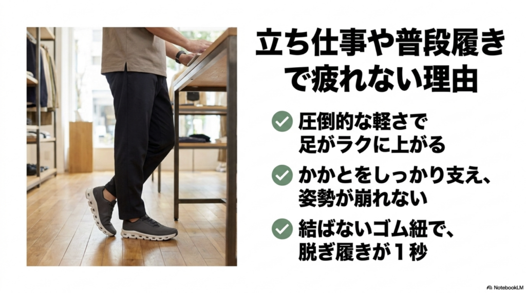 Onが立ち仕事に強い理由(軽さ・かかとのサポート・結ばないゴム紐)を解説したスライド