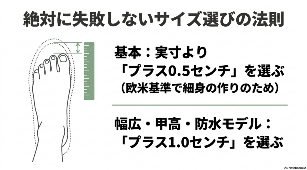 Onスニーカー選びの基本(実寸+0.5cm)と幅広・甲高・防水の場合(+1.0cm)のガイド図