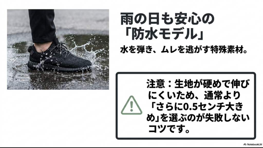 防水モデルの素材特性と、失敗しないためのサイズ選び(+0.5cm)の注意点