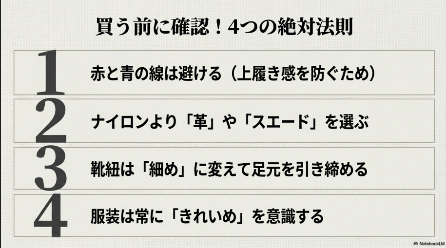 買う前に確認すべき4つの絶対法則。1.赤と青の線は避ける、2.ナイロンより革やスエードを選ぶ、3.靴紐は細めに変える、4.服装は常にきれいめを意識する、をまとめたスライド。