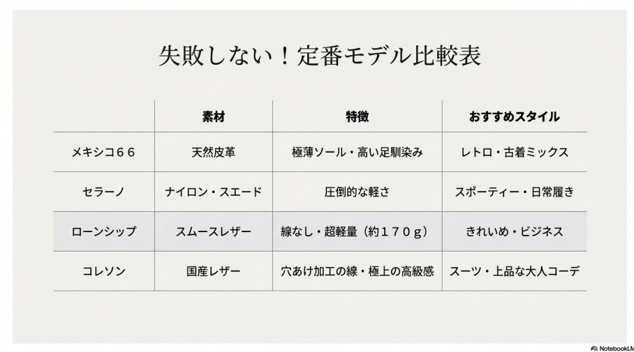メキシコ66、セラーノ、ローンシップ、コレソンの4モデルの素材、特徴、おすすめスタイルをまとめた比較表スライド。