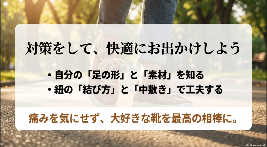 「対策をして、快適にお出かけしよう」と題し、自分の足の形と素材を知り、紐の結び方と中敷きで工夫することで、痛みを気にせず大好きな靴を最高の相棒にしようと呼びかける総括スライド画像。