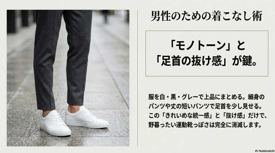 男性のための着こなし術。モノトーン(白・黒・グレー)の上品なまとめと、細身や短めパンツによる足首の抜け感が野暮ったさを消す鍵であることを解説するスライド。