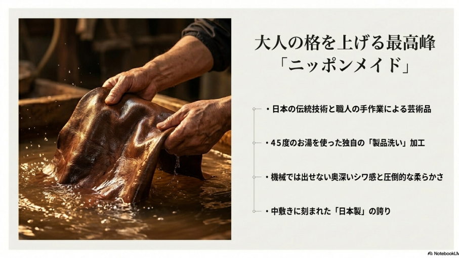 日本の伝統技術と職人の手作業による芸術品「ニッポンメイド」シリーズ。45度のお湯を使った独自の製品洗い加工、奥深いシワ感、日本製の中敷きについて解説するスライド。