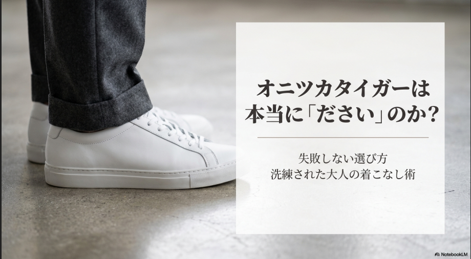 オニツカタイガーは本当にださいのか?失敗しない選び方と洗練された大人の着こなし術を解説するスライドの表紙。