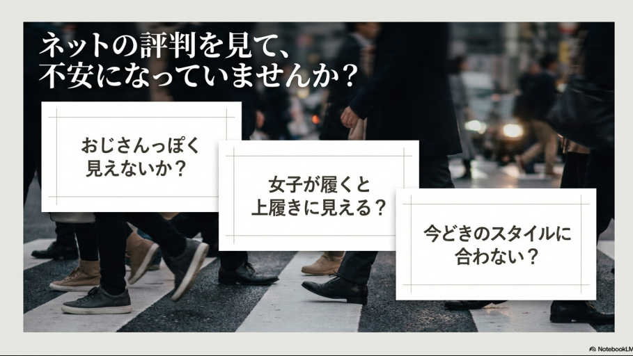 ネットの評判を見て不安になっていませんか?おじさんっぽく見えないか、女子が履くと上履きに見えるか、今どきのスタイルに合わないかという疑問を投げかけるスライド。