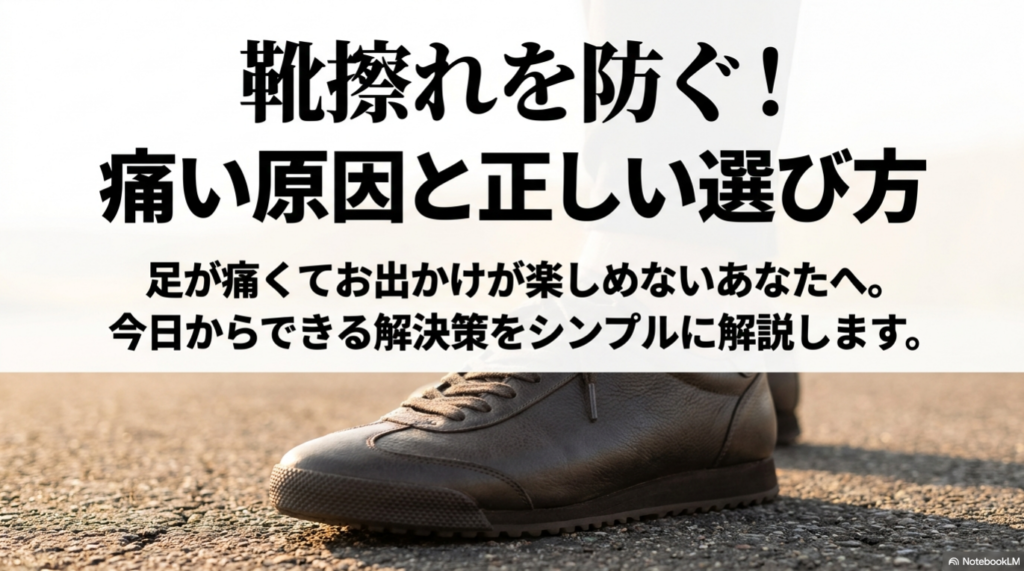 「靴擦れを防ぐ!痛い原因と正しい選び方。足が痛くてお出かけが楽しめないあなたへ。今日からできる解決策をシンプルに解説します」と書かれた解説スライドの表紙画像。
