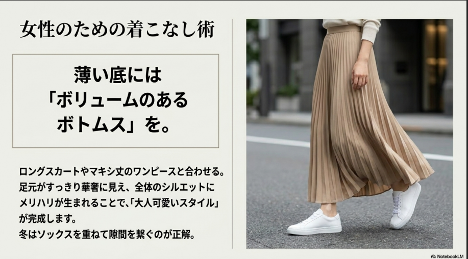 女性のための着こなし術。薄い底にはロングスカートやマキシ丈ワンピースなどボリュームのあるボトムスを合わせることで、大人可愛いスタイルが完成すると解説するスライド。