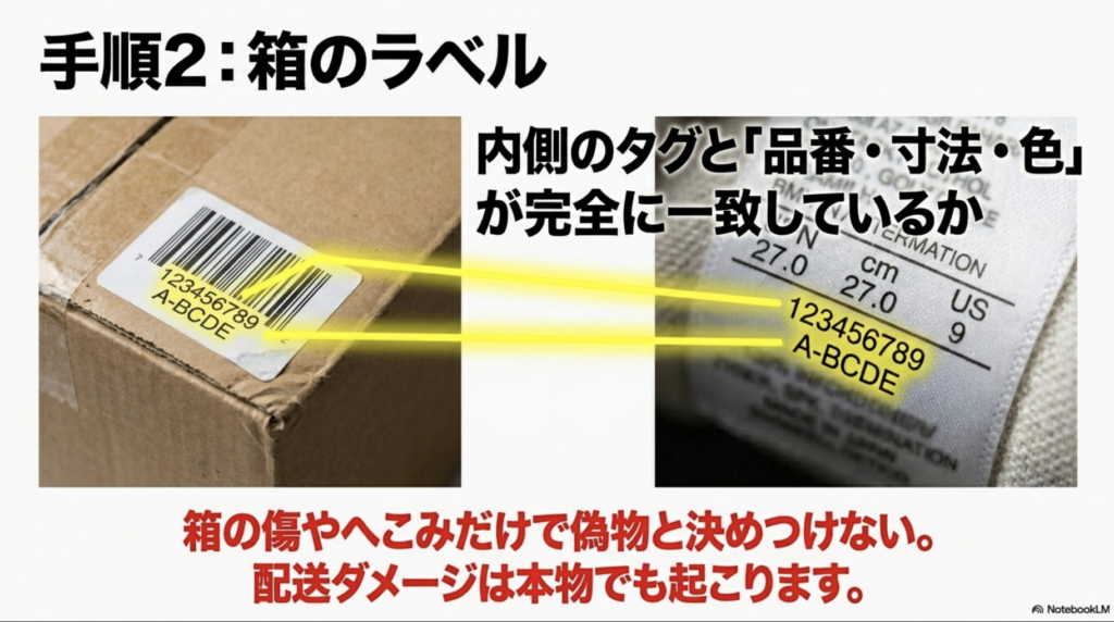 箱ラベルのバーコードと品番の確認：内タグの情報と完全に一致しているかチェック