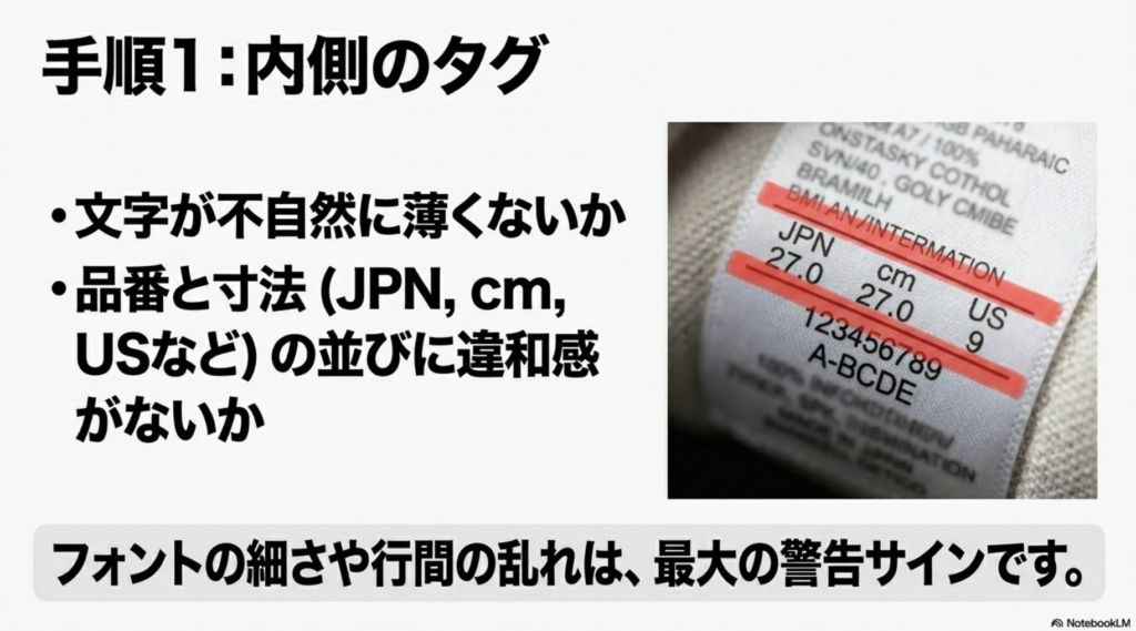 スピードキャットの内側タグの確認ポイント：フォントの細さや品番・サイズの並びの違和感