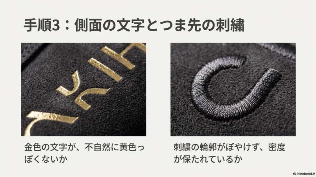 スピードキャットの金色のロゴとつま先のキャット刺繍の密度の確認ポイント