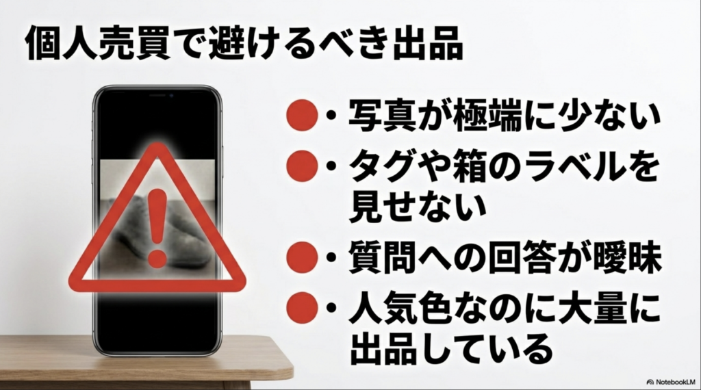 フリマや個人売買で避けるべき怪しい出品の特徴：写真不足やタグ隠しなど