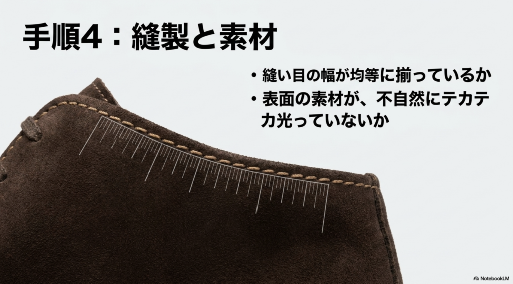 スピードキャットの縫い目の均一性とアッパー素材の質感チェック