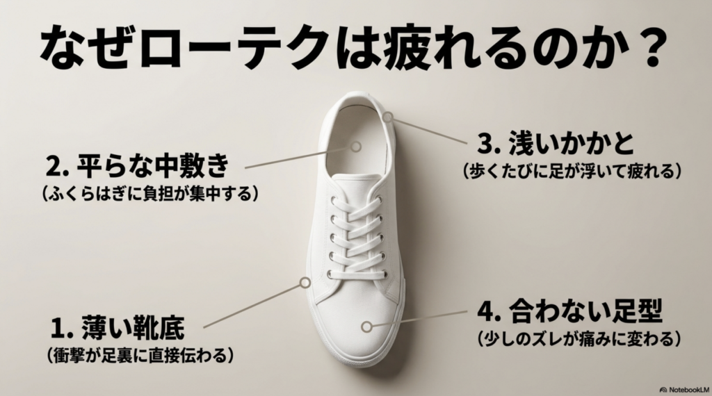 ローテクが疲れる4つの理由（薄い靴底、平らな中敷き、浅いかかと、合わない足型）を説明する図解。
