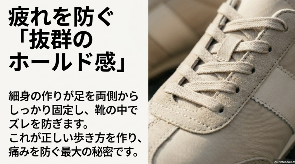 靴の中のズレを防ぎ足の疲れを軽減する、セラーノの細身の作りと抜群のホールド感