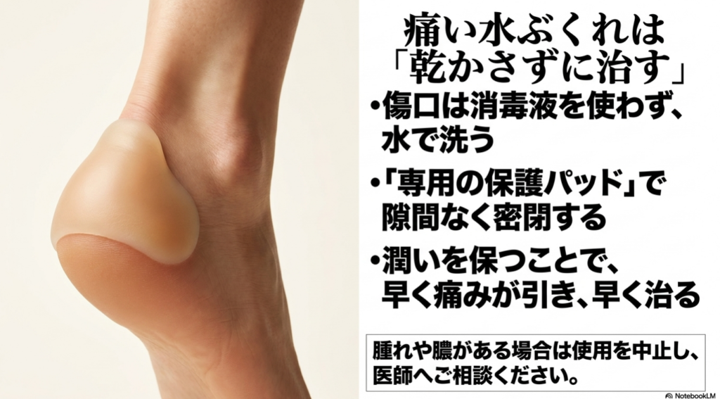 靴擦れによる水ぶくれの対策として、消毒液を使わず水で洗い、専用の保護パッドで密閉して潤いを保つことで早く痛みが引いて治る仕組みを解説したスライド画像。
