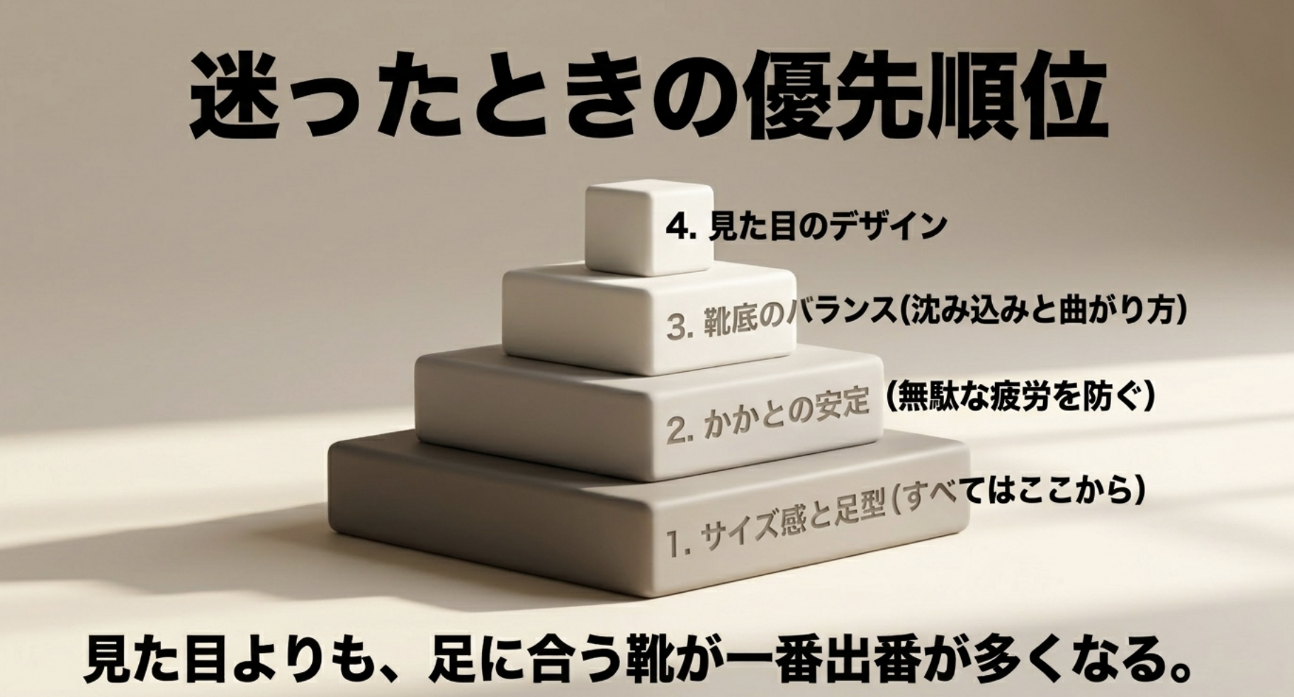 靴選びに迷ったときの優先順位（1.サイズ・足型、2.かかとの安定、3.靴底、4.デザイン）を示すリスト。
