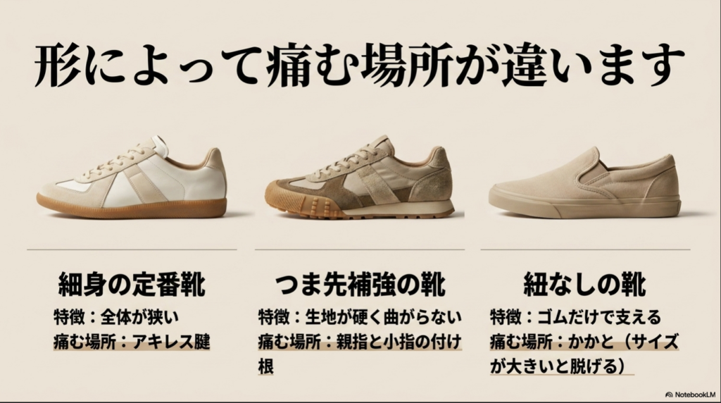 細身の定番靴(アキレス腱)、つま先補強の靴(親指と小指の付け根)、紐なしの靴(サイズが大きいとかかとが脱げる)など、スニーカーの形によって異なる特徴と痛む場所をまとめた表形式のスライド画像