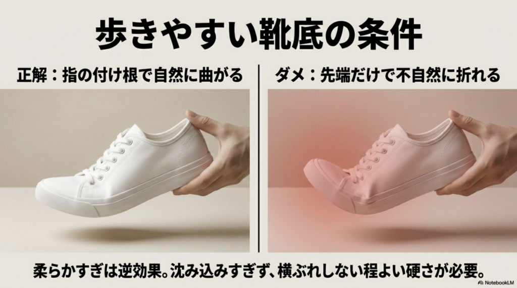 歩きやすい靴底の条件として、指の付け根で曲がることや程よい硬さが必要であることを示すイラスト。