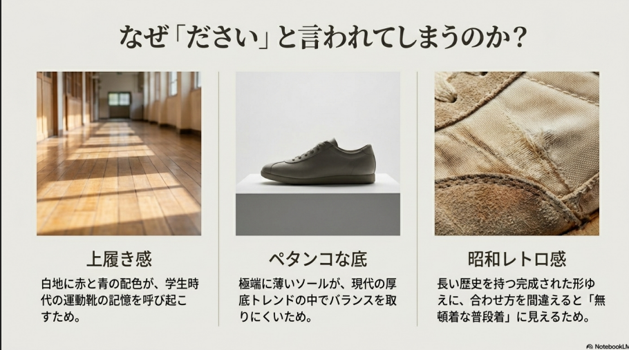 なぜださいと言われてしまうのか、上履き感(白地に赤青の配色)、ペタンコな底(極端に薄いソール)、昭和レトロ感(無頓着な普段着に見える)の3つの理由を解説するスライド。