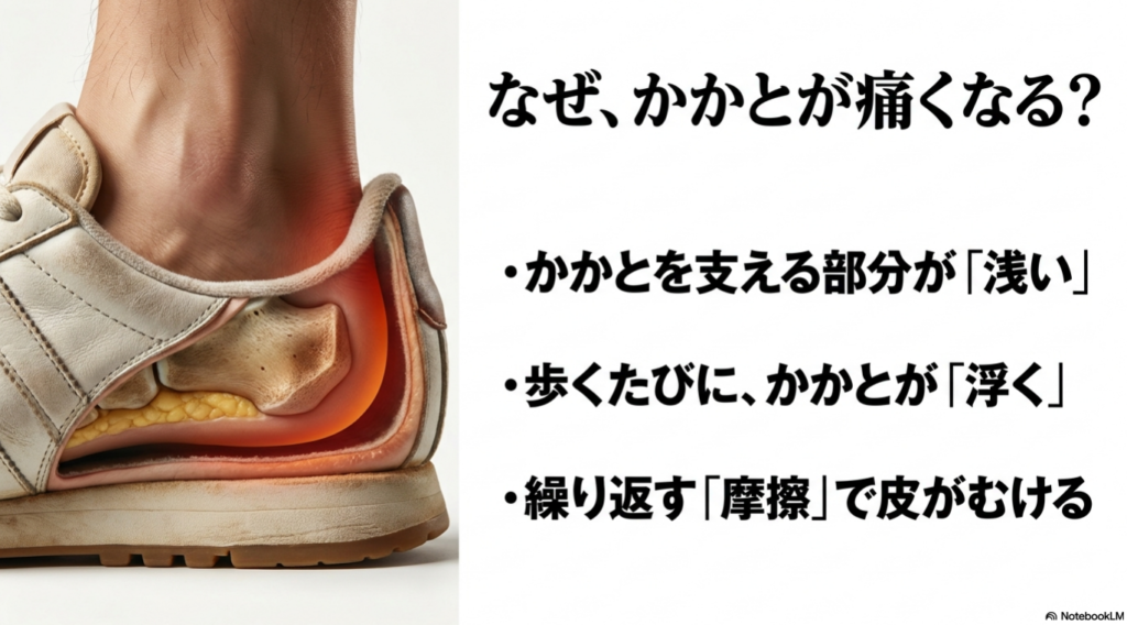 「なぜ、かかとが痛くなる?」という問いに対し、かかとを支える部分が浅い、歩くたびにかかとが浮く、繰り返す摩擦で皮がむける、という3つのメカニズムを解説したスライド画像。