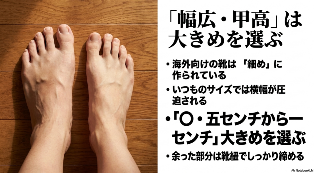 「幅広・甲高は大きめを選ぶ」と題し、細めに作られている海外向けの靴に対して0.5cm〜1cm大きめを選び、余った部分は靴紐でしっかり締めるアプローチをまとめたスライド画像。