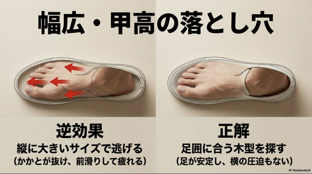 幅広・甲高の人がサイズアップで逃げることのデメリットと、木型を合わせる正解を説明する図解。