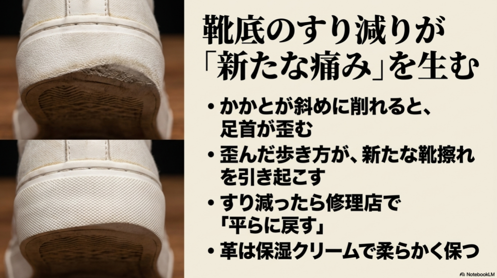 かかとが斜めに削れることで足首が歪み、新たな靴擦れを生む原因になるため、修理店で平らに戻すことや、革を保湿クリームで柔らかく保つ重要性を説明したスライド画像。