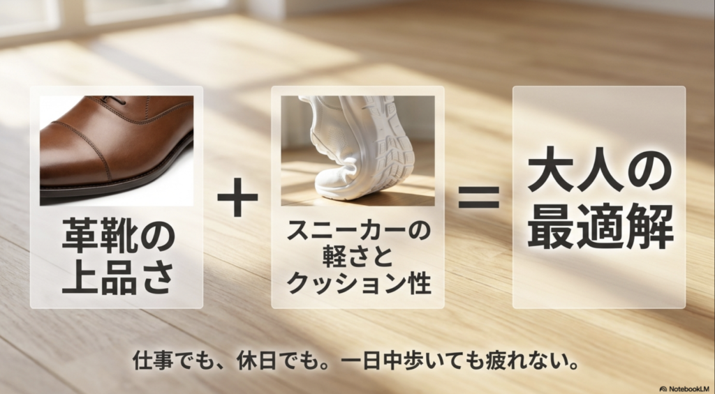 革靴の上品さとスニーカーの軽さやクッション性を組み合わせたコールハーンの特徴