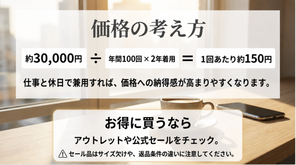 着用回数から1回あたりの価格を考え、アウトレットや公式セールを利用する購入方法