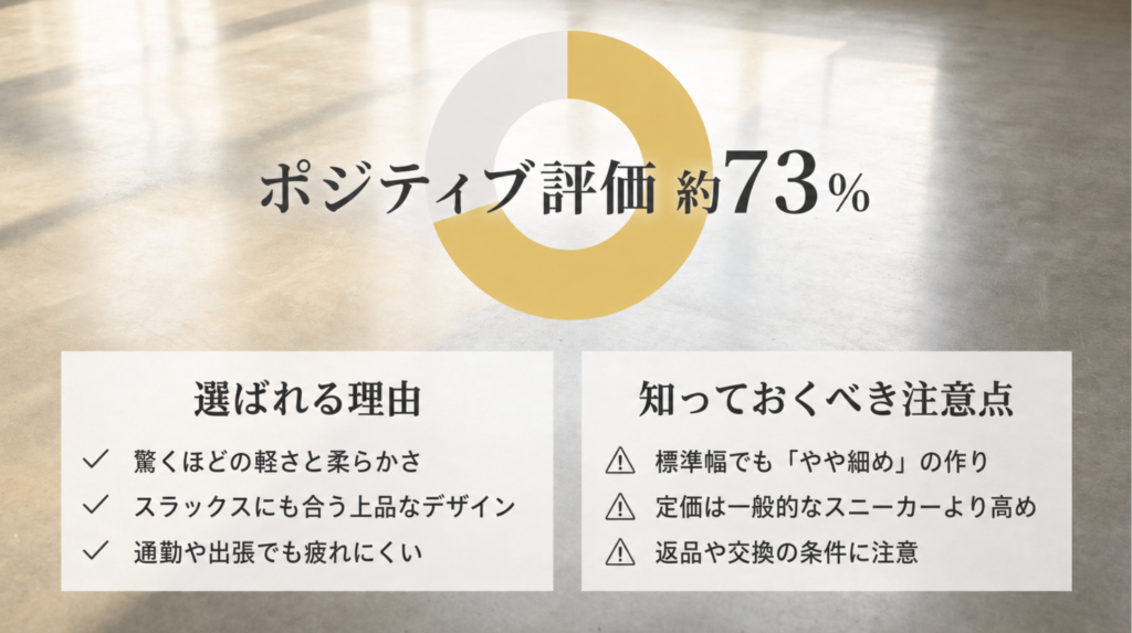 ポジティブ評価約73％と、軽さや上品なデザインなどの評価、細めの幅や価格などの注意点