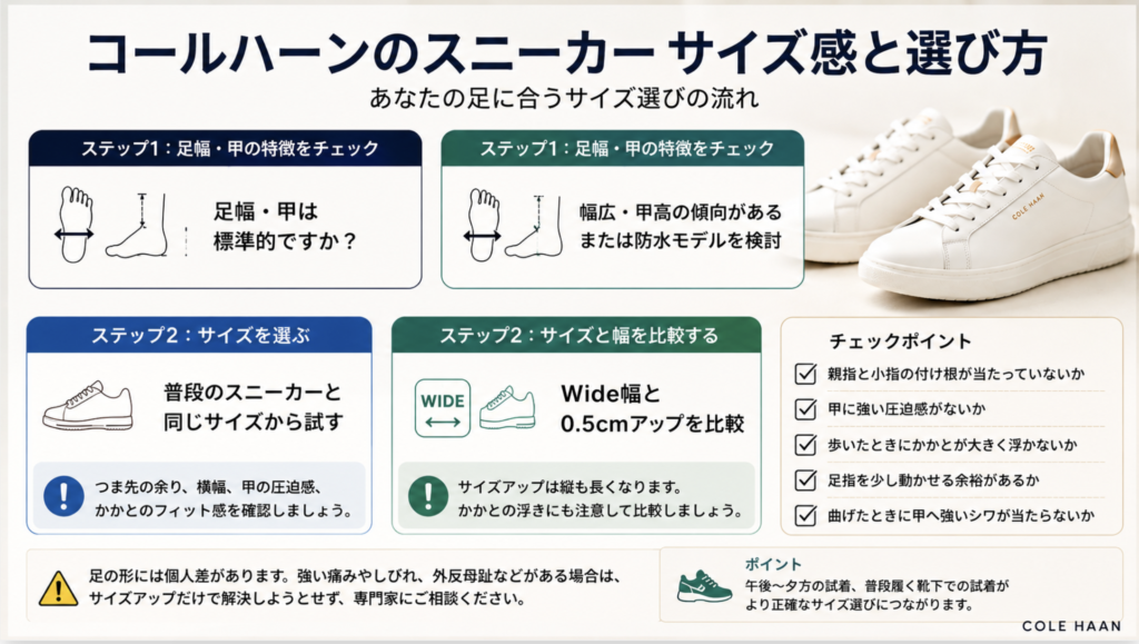 標準幅は普段サイズから試し、幅広や甲高はWide幅と0.5cmアップを比較するサイズ選びの流れ
