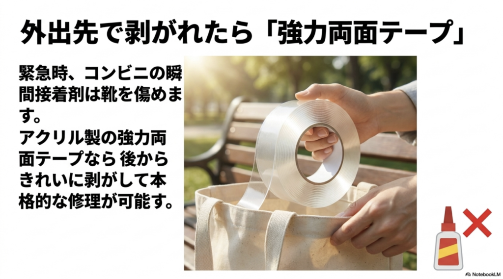 外出先でスニーカーのソールが剥がれた時は強力両面テープで応急処置