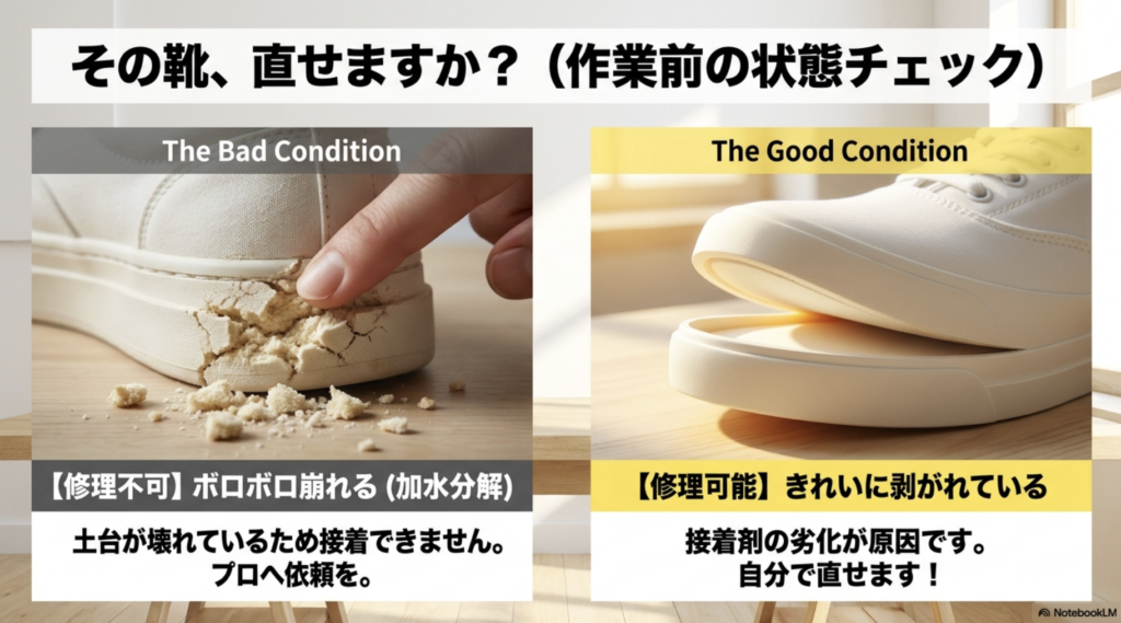 修理前に確認!スニーカーの加水分解と単なる接着剤劣化の見極め方