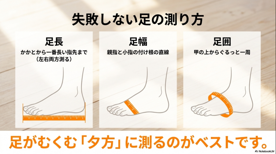 足長、足幅、足囲の測り方の図解。足がむくむ夕方に測るのがベストであるという解説。