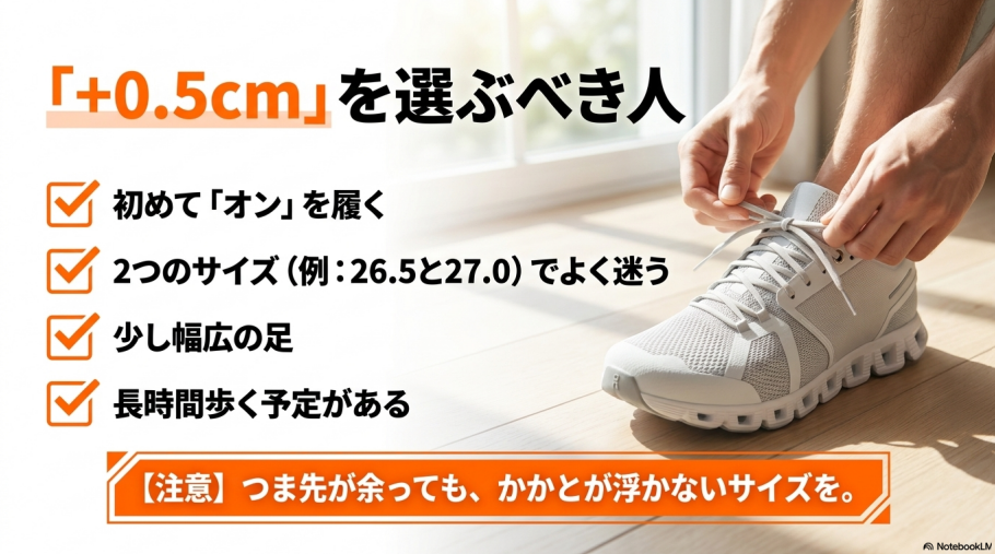初めてOnを履く、2つのサイズで迷う、少し幅広の足、長時間歩く人は+0.5cmアップがおすすめであることの解説。