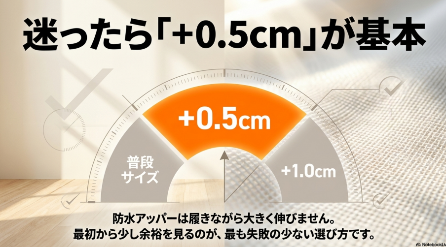 防水アッパーは履きながら大きく伸びないため、最初から+0.5cmの余裕を見るのが最も失敗が少ないという解説。