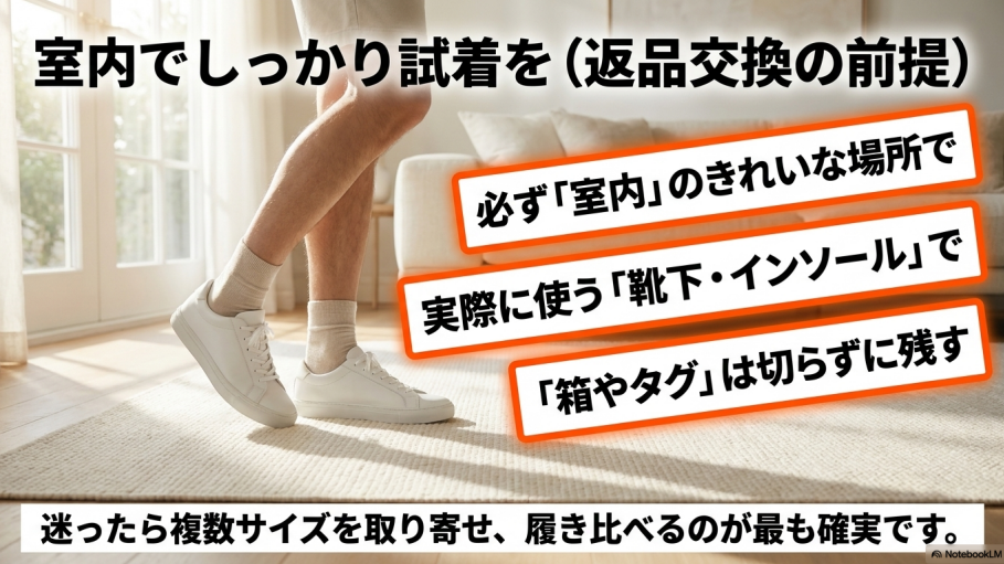 室内のきれいな場所で、実際に使う靴下やインソールで試し、箱やタグは切らずに残すこと。迷ったら複数サイズを履き比べるのが確実。