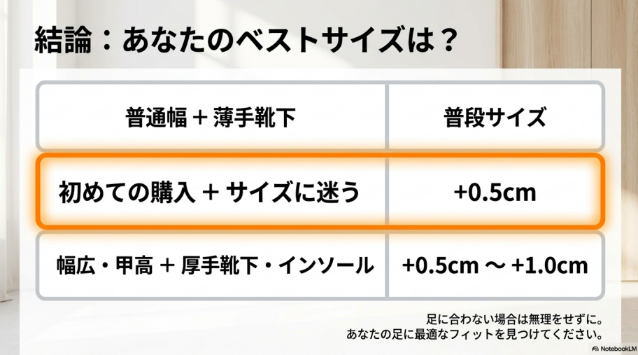 普通幅と薄手靴下は普段サイズ。初めての購入やサイズに迷うなら+0.5cm。幅広・甲高や厚手靴下・インソール使用は+0.5cmから+1.0cm。