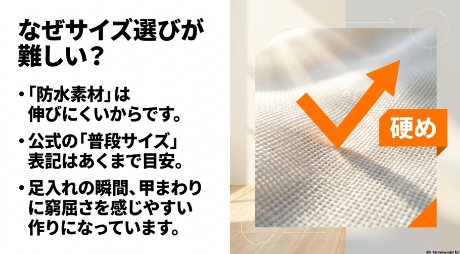 防水素材は伸びにくく、足入れの瞬間や甲まわりに窮屈さを感じやすいため、公式の「普段サイズ」表記は目安であるという解説。